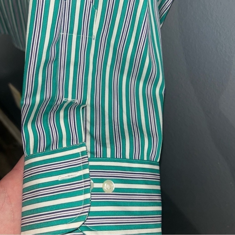 Ralph Lauren Polo Long Sleeve Button XL Regent Classic Fit Collard Green Striped - Picture 4 of 6